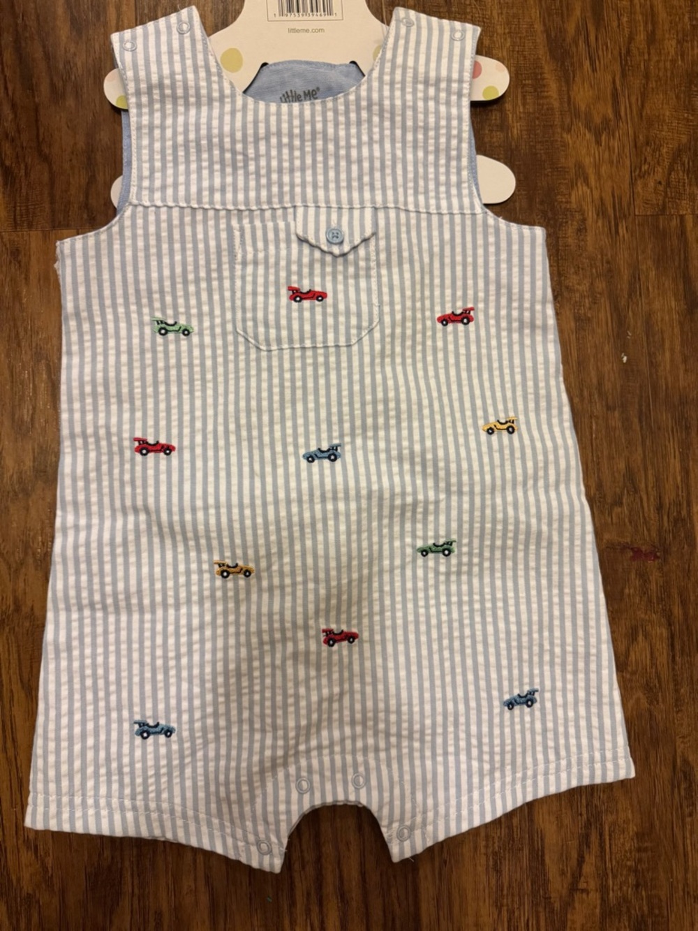 Little Me Blue Stripe Romper with Embroidered Cars